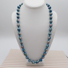 Vintage Chinese Export Rare Teal Pink Enamel Knotted 12mm Bead 27″ Necklace