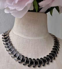 Vintage Signed MMA Ornamental Scroll Silver Tone Black Enamel Necklace S G2U