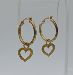 925 FAS Heart Charm Hoop Earrings 1.25in Vermeil Sterling Silver 2.94g Estate
