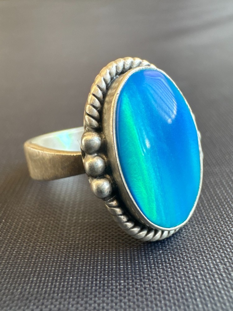 Vintage 925 Sterling Silver Blue Green Stone Ring Adjustable Size