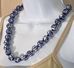 Vintage Chinese Export Blue White Large Porcelain Beaded Necklace Filigree Clasp