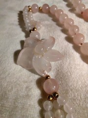 Vintage Pink Rose Quartz Hand Knotted Beaded Necklace With 2 Carved Pink Quartz