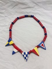 Stunning vtg. Flying Colors Hand Painted Ceramic Modern Blue Red White necklace