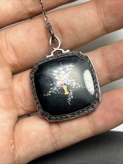 Antique Art Deco Sterling Silver Flower Basket Enamel Locket Necklace