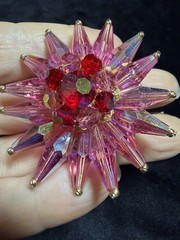 Vintage Pink Aurora Borealis Starburst Brooch Pin Faceted Beads + Clip Earrings