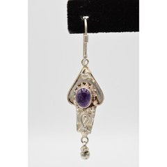 Vintage 925 Sterling Silver Dangle Drop Earrings Purple Cabochon Signed Bin4