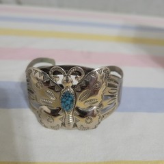VINTAGE Bell Trading Post Nickel Silver Turquoise Butterfly 6 3/4″ Cuff Bracelet