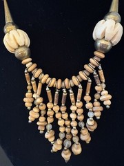 Vintage Stone Wood & Metal Beaded Necklace. Ethnic Art Design Hook Closure 23”