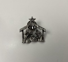 Vintage~Clutch Back Pin~Nativity 3D Scene~Matte SilverTone with Rhinestone~Lapel