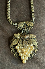 Rolled Gold Antique Grape Bunch Leaf Pendant Necklace Ornate Slide Clasp 1900s