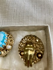 West Germany Vintage Blue & White Oval Cameo Clip-On Earrings