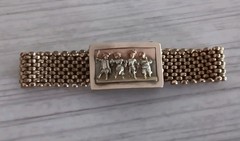 Antique *Damaged* Brass Mesh Link Bracelet Rectangle Clasp People Scene 7″