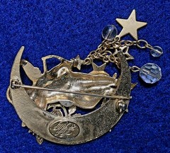 Vintage Kirks Folly Angel Cherub Moon & Stars Crystal Gold Tone Brooch Pin