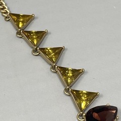 Designer Geometric Bib Necklace Brown Yellow Glass Rhinestone Gold Tone 19″