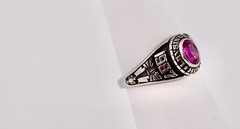 Vintage 1987 Women’s Class Ring Art Carved, Red Stone, White Metal Size 6