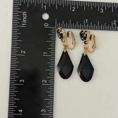Vintage Jet Black Glass Earrings Gold Tone Clip On Dangles