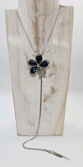 Blue Crystal Flower Necklace Bolo Tie Silver tone snake Chain 36 in STUNNING
