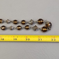 Vintage Glass Beaded Necklace Yellow Brown Faceted Silver Tone Caps 44″