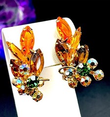 TARA BY JULIANA D&E ORANGE TOPAZ NAVETTE CRYSTAL AB RHINESTONE CLIP EARRINGS