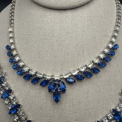 Vintage B David Silver Tone Blue Rhinestone Crystal Necklace Bracelet Clip Ons
