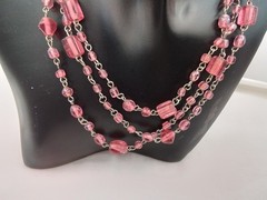 46″ PINK ART GLASS VINTAGE ESTATE NECKLACE CUBE & ROUND SHAPE BEADS CHAIN LINKED