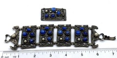 Silver Blue Stone Bracelet Lapis Pearl Vtg Ornate Brutalist Panel Mixed Metals
