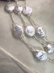 Vintage 3 Strand Freshwater Coin Pearl Necklace Clear Spacer Magnetic Clasp