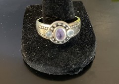 Vintage 3 Stone 925 Amethyst And London Blue Topaz Ring, Marked JC ,Sz 10 ,5.95g