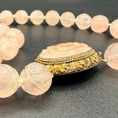 Chinese Export Blush Pink Carved Rose Quartz Necklace Floral Pendant 17 Inches