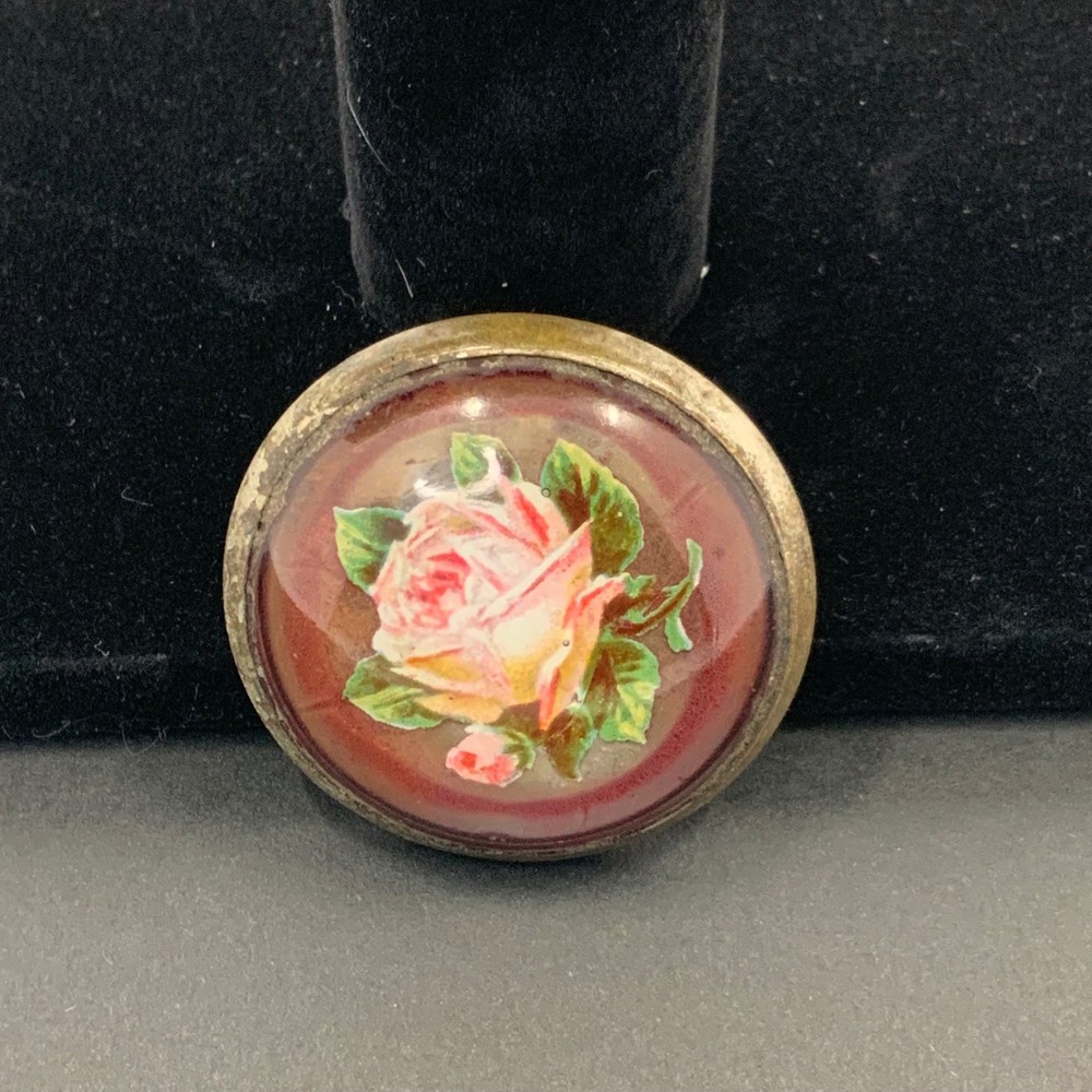 Antique Victorian Rose Glass Cabochon Scarf Slide Sash Pin Pink Floral Brass Ton