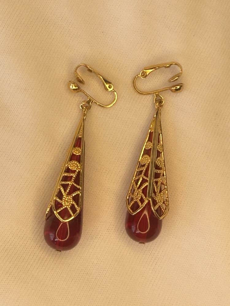 Avon Vintage Clip-On Red Lucite Drop Goldtone Filigree Dangly