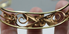 Vintage roses & yellow gold tone/ plate leafy filigree cuff bangle bracelet