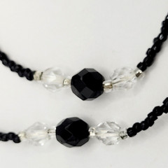 Modern Art Deco Black Clear Cut Crystal Bead Silver Tone Vintage Necklace 31 in