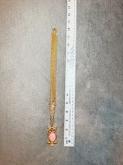 Vintage Double Strand Owl Necklace Pink Cabochon Gold Tone Layered Pendant