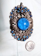 Art Deco Pendant Blue Focal W Rhinestone Accents Silver Tone Pot Metal Floral