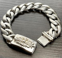 Heavy ~80g Floral Cross ID Bracelet 8.5in Chunky Silver Tone Vintage Gothic