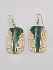 Edgar Berebi Vintage Art Deco Jade Green Enamal Dangling Gold Tone Earrings