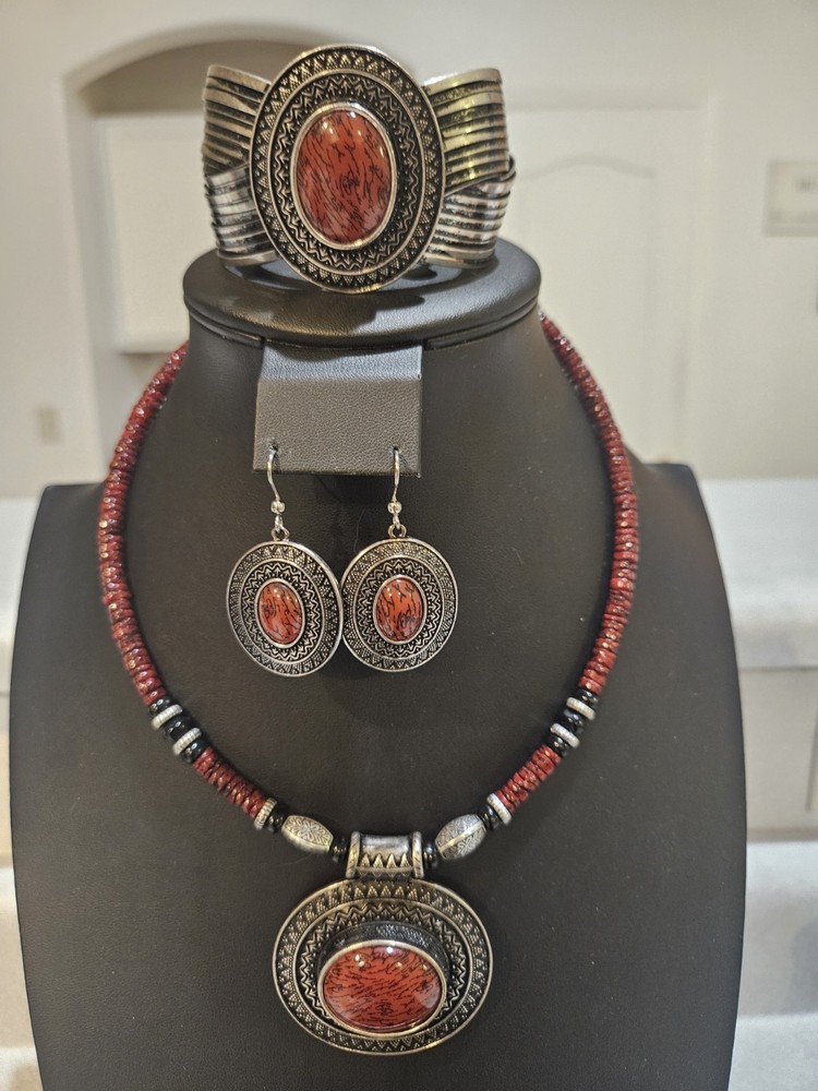Vintage Premier Designs Red Spice Jewelry Set Bracelet Earrings Necklace Pendant