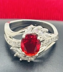 Vintage Faux Ruby Clear CZ Cubic Zirconia Silver Tone Ladies Band Ring Size 9.25