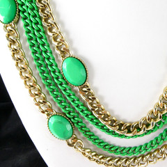Multi Chain Necklace Gold & Green Enamel Oval Accents Designer Quality