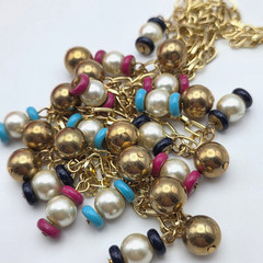 Vintage Gold Tone Faux Pearl Colorful Disc Fringe Necklace Earrings Set 36 In
