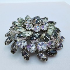 Vintage Smoky Gray Rhinestone Flower Burst Brooch Hollywood Regency Glamour