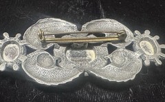 Art Deco Silver Tone Filigree Brooch Green Bar Pin Vintage Signed M. J. Ent
