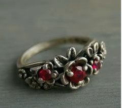 Gothic Vintage Style Rose Ring – Red Ruby Stones – Antique Silver Tone – Size 7
