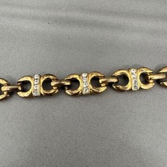 Vintage Gold Tone Rhinestone Scroll Link Bracelet 7.5 Inch Fold Over Clasp