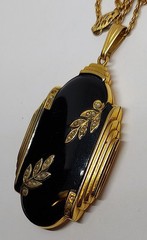 Large GF art deco black enamel Photo Locket Pendant Gold Filled Chain VTG Evans