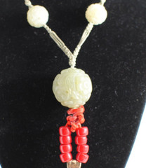 Vintage Carved Green Serpentine Necklace with Hand Tie Robe 26 in