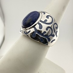 JTV Sterling Silver Ring Blue Stone Enamel Inlay Cabochon size 8 Swirl Designer