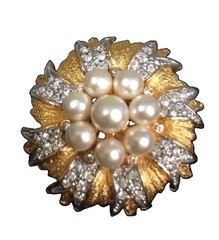 Vintage Brushed Goldtone Clip Earrings With Faux Pearls & Rhinestones