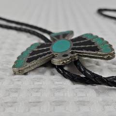 Vintage Bolo Tie Eagle Thunderbird Turquoise Silver Green & Black Enamel Design
